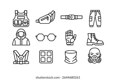 Um conjunto de ícones de arte vetorial representando engrenagens táticas e roupas urbanas para designs relacionados a atividades de sobrevivência ou ao ar livre