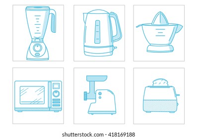 Set of vector line art icons with the image of kitchen appliances. It includes blender, kettle, juicer, microwave oven, grinder, toaster