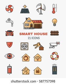 Set vector line art icons of the smart home, controlling through internet home work equipment.