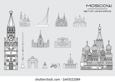 Set of vector line art illustration of landmarks of Moscow, Russia. Moscow city monochrome vector  icon illustration isolated on grey background.