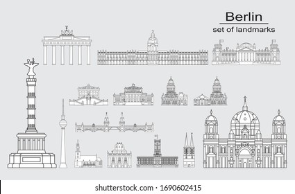 Set of vector line art illustration of landmarks of Berlin, Germany.Berlin monochrome vector illustration isolated on grey background.Berlin icon, building outline.German tourism.  Stock illustration