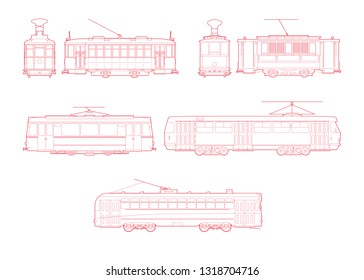 set vector line art illustrations of Tram Train. isolated white background. vector illustration design for t-shirt graphics, postcards, book, print and other uses