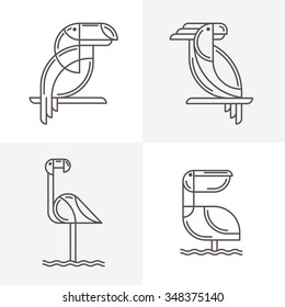 Set of vector line art logo with exotic tropical birds. Outline illustrations of toucan, cockatoo parrot, flamingo and pelican. Trendy icons and design elements. 