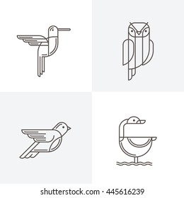 Set of vector line art logo with birds. Outline illustrations of hummingbird, owl, pigeon and swan. Trendy icons and design elements. 