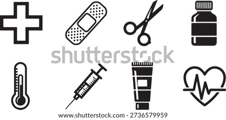 A set of vector line art medical icons in silhouette style, featuring a cross, band aid, scissors, medicine bottle, thermometer, syringe, cream, and heart rate. Ideal for use in healthcare and medical contexts, such as hospital or clinic websites, brochures, and marketing materials.