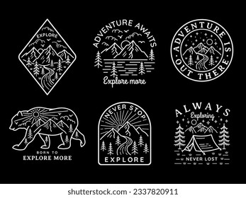 Vintage travel logos patches set. Hand drawn camping labels designs. Texas,  backpacking, surfing. Outdoor hike emblems. Hiking logotypes collection.  Stock vector isolated on white., Stock vector