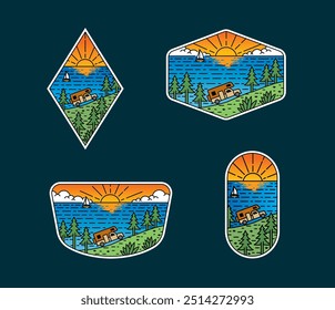 Set of vector line art outdoor designs