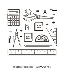 set of vector line art school measurement and calculation tools