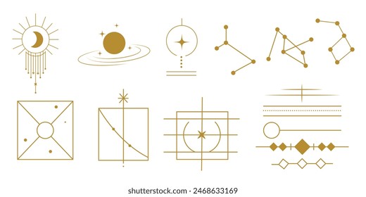 Set of vector line art with simple geometric, celestial, and esoteric symbols. 