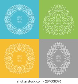 Set of vector line art style round, square, triangle, oval frames with place for text. Abstract floral decorative background, blue, green, yellow, grey, white colors.