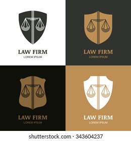 Set of vector line art vintage law firm logo template. Trendy abstract illustration of scales and shield. Design concept for law and legal business, heraldic emblem, lawyer, label, badges.