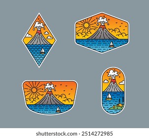 Set of vector line art volcano designs