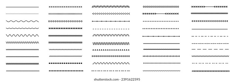 Conjunto de borde de línea vectorial. Líneas, olas, zigzag, fronteras.  Colección de línea vintage geométrica. Diseño de Doodle. Ilustración del vector
