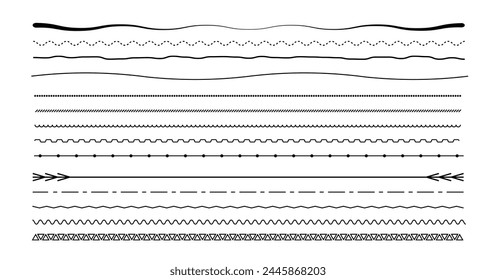 Set of vector line border. Lines, waves, zigzag, borders.  Geometric vintage line collection. Doodle design. Vector illustration