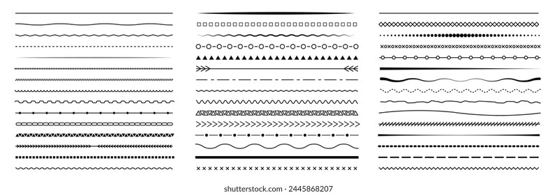 Conjunto de borde de línea de Vector. Líneas, ondas, zigzag, bordes.  Colección geométrica de líneas vintage. Diseño de garabatos. Ilustración vectorial