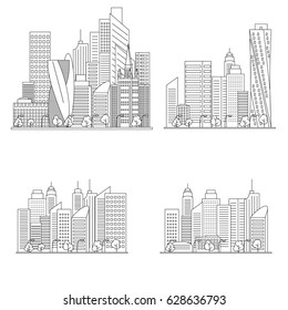 Set vector line city architecture house style street estate art cityscape town roof