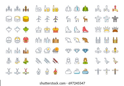 Set vector line and color icons in flat design Canada, North America with elements for mobile concepts and web apps. Collection modern infographic logo and pictogram.