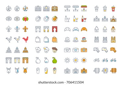 Set of vector line and color icons in flat design Paris and France with elements for mobile concepts and web apps. Collection modern infographic logo and pictogram.