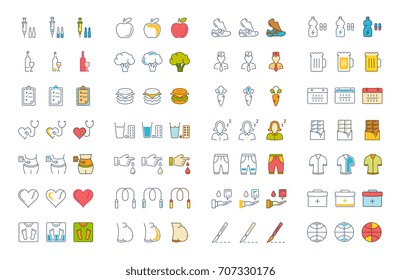 Set of vector line and color icons in flat design diabet and diabetes mellitus with elements for mobile concepts and web apps. Collection modern infographic logo and pictogram.