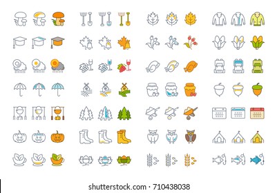Set vector line and color icons in flat design autumn with elements for mobile concepts and web apps. Collection modern infographic logo and pictogram.