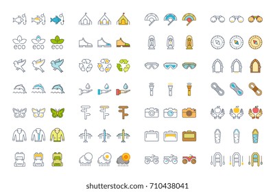 Set vector line and color icons in flat design eco, ecotourism and recycle with elements for mobile concepts and web apps. Collection modern infographic logo and pictogram.