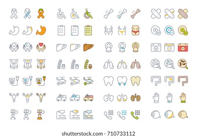 Set vector line and color icons in flat design medicine, pharmacology, oncology, blood count, medical ethics with elements for mobile concepts and web app.