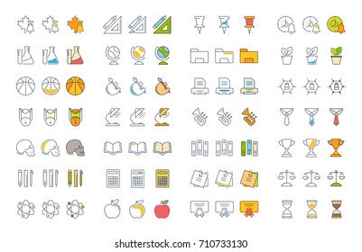Set vector line and color icons in flat design school with elements for mobile concepts and web apps. Collection modern infographic logo and pictogram.