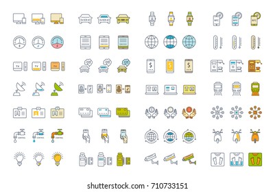 Set vector line and color icons in flat design technology, electric car, smart city, house , internet of things, online payment. Elements for mobile concepts.