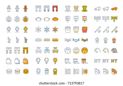 Set vector line and color icons in flat design USA, New York and America with elements for mobile concepts and web apps. Collection modern infographic logo and pictogram.