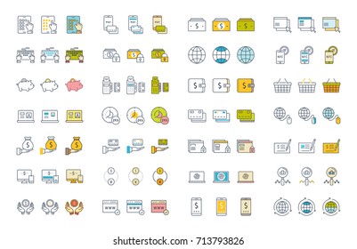 Set vector line and color icons in flat design online banking, payment and online shopping with elements for mobile concepts and web apps.