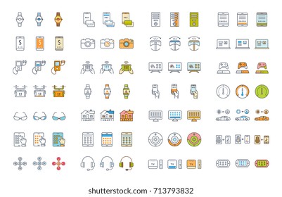 Set vector line and color icons smart device and gadgets, smart, home, car drones and other device with elements for mobile concepts and web apps.
