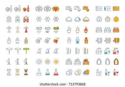 Set vector line and color icons in flat design wine making, grape cultivation, tasting, storage and sale of wine with elements for mobile concepts and web apps. Collection modern infographic logo.
