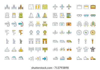 Set vector line and color icons in flat design travel and adventure with elements for mobile concepts and web apps. Collection modern infographic logo and pictogram.