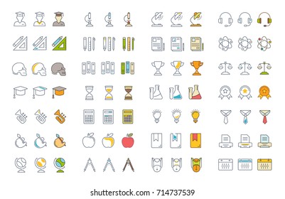 Set vector line and color icons in flat design university, e-learning and science with elements for mobile concepts and web apps. Collection modern infographic logo and pictogram.
