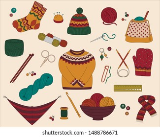 Set of vector line colorful icons for knitting and crochet (yarn, needles, socks, sweater, hat, shawl, project bag, scissors, linear, markers, hook and other DIY tools)