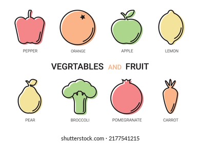 Set vector line and colorful icons in flat design Vegetable, Fruit and Healthy food concepts. Collection modern infographic logo and pictogram.
