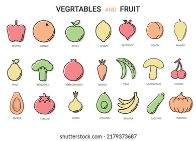 Set vector line and colorful icons in flat design Vegetable, Fruit and Healthy food concepts. Collection modern infographic logo and pictogram.