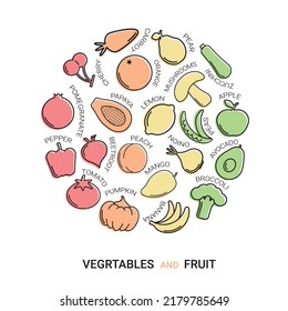 Set vector line and colorful icons in flat design Vegetable, Fruit and Healthy food concepts. Collection modern infographic logo and pictogram.