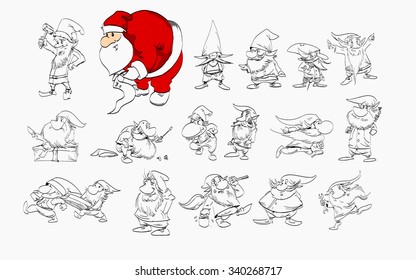 A set of vector line drawing Christmas elf illustrations.