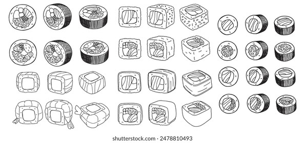 set of vector line drawing of sushi rolls