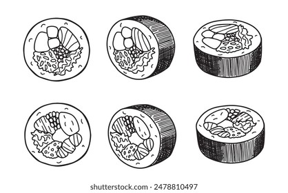 Set von Vektorgrafik-Linien-Zeichnung von Sushi-Rollen