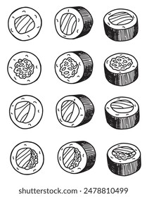 set of vector line drawing of sushi rolls