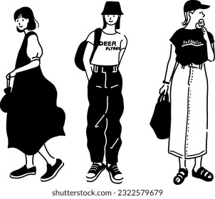 Dibujos de líneas vectoriales de mujeres de moda vestidas de verano