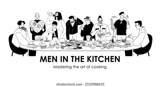 set vector line drawings, men in the kitchen. Vector illustration