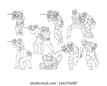 Set von Vektorlinien Zeichnungen Paintball-Team. Athleten Paintball-Spieler in verschiedenen Posen. Der Spieler sitzt im Hinterhalt, lügt, steht, läuft zum Angriff.