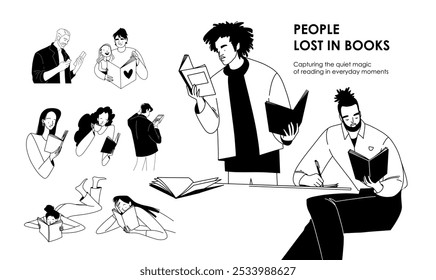 Conjunto de dibujos de líneas de Vector, personas perdidas en libros. Ilustración vectorial