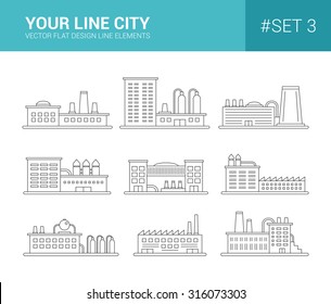 Set of vector line flat design buildings icons. Factories and industrial buildings
