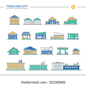 Set of vector line flat design buildings icons