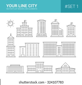 Set of vector line flat design buildings icons. Skyscrapers, government and administrative buildings
