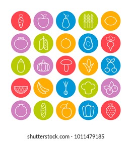 Set of vector line fruits and vegetables icons for web design